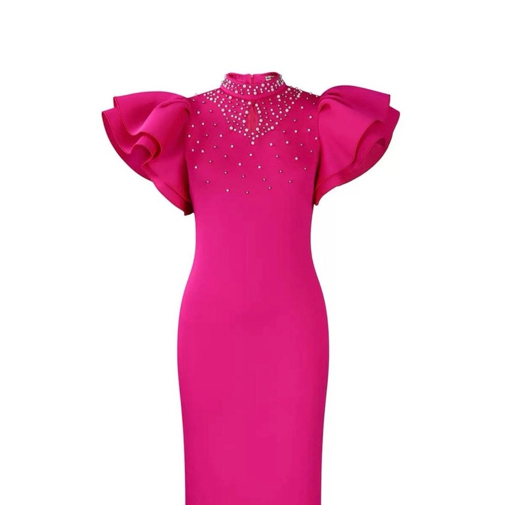 Pink Ruffle Sleeve Dress with Embellished Neckline